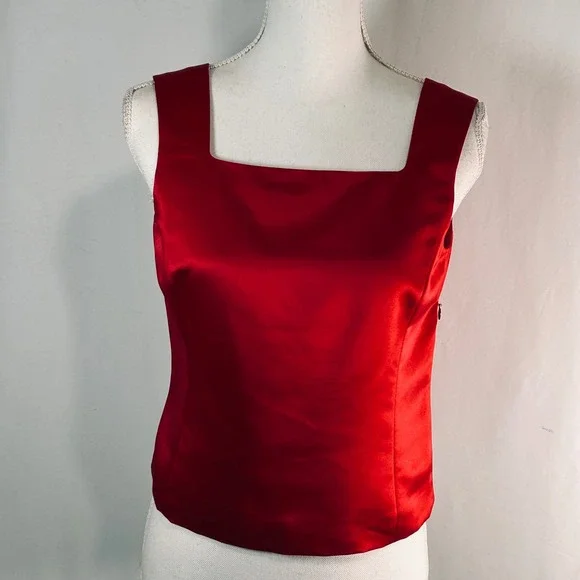 Talbots Petites Red Satin Square Neck Sleeveless Top Blouse Size 6P CA 23147 - Picture 1 of 7